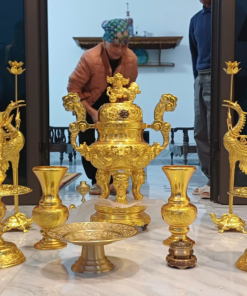 Bộ đỉnh đồng dát vàng nắp tứ linh đầy đủ