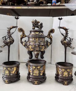 Ba bát hương đồng khảm tam khí chạm rồng