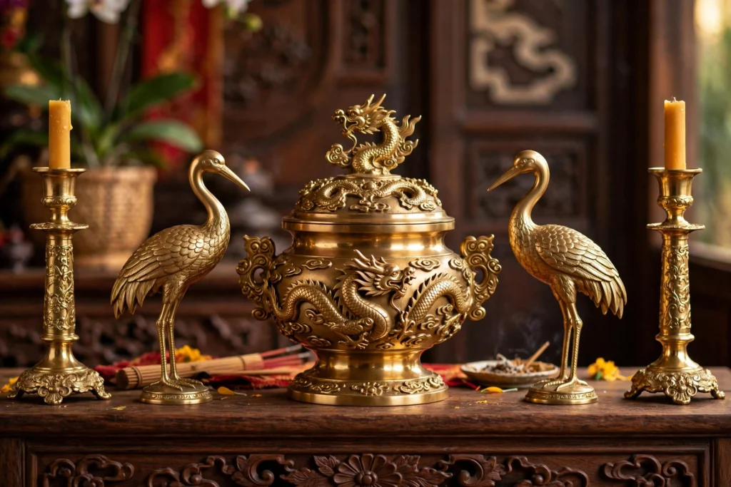 Cách chọn kích thước bộ đỉnh đồng theo bàn thờ: chuẩn từng centimet cho ban thờ cân đối