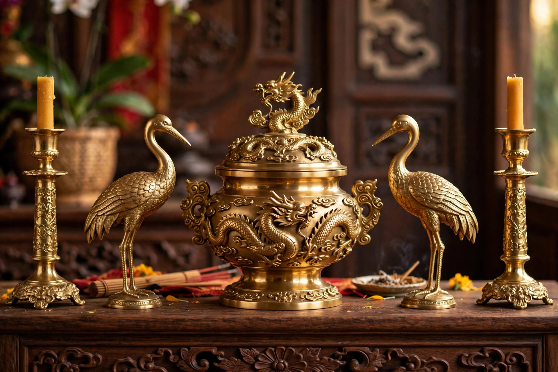 Bộ đỉnh đồng hun giả cổ trên bàn thờ gia tiên
