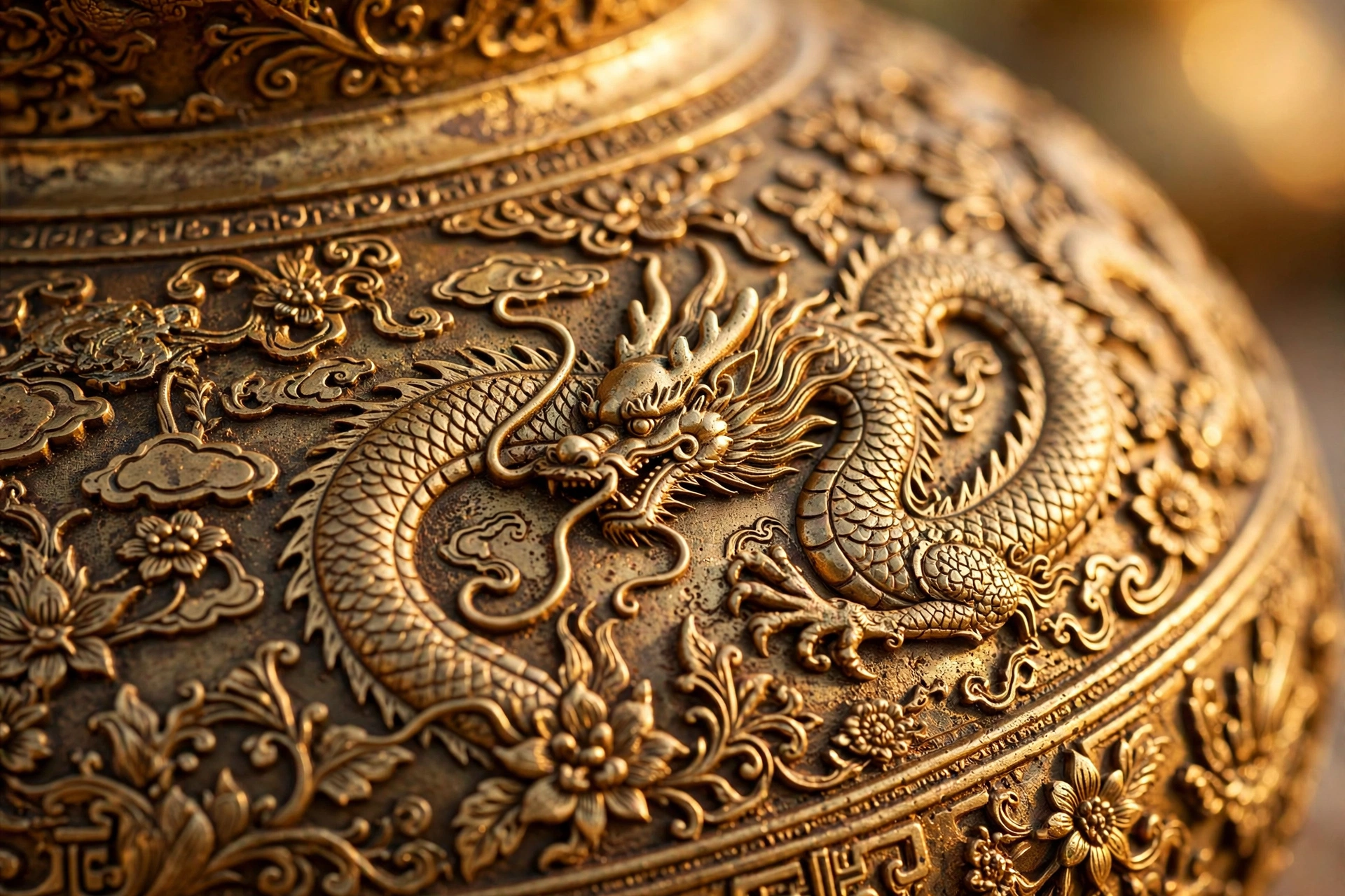 Hoa văn rồng chạm nổi sắc nét trên đỉnh đồng mạ vàng 24k