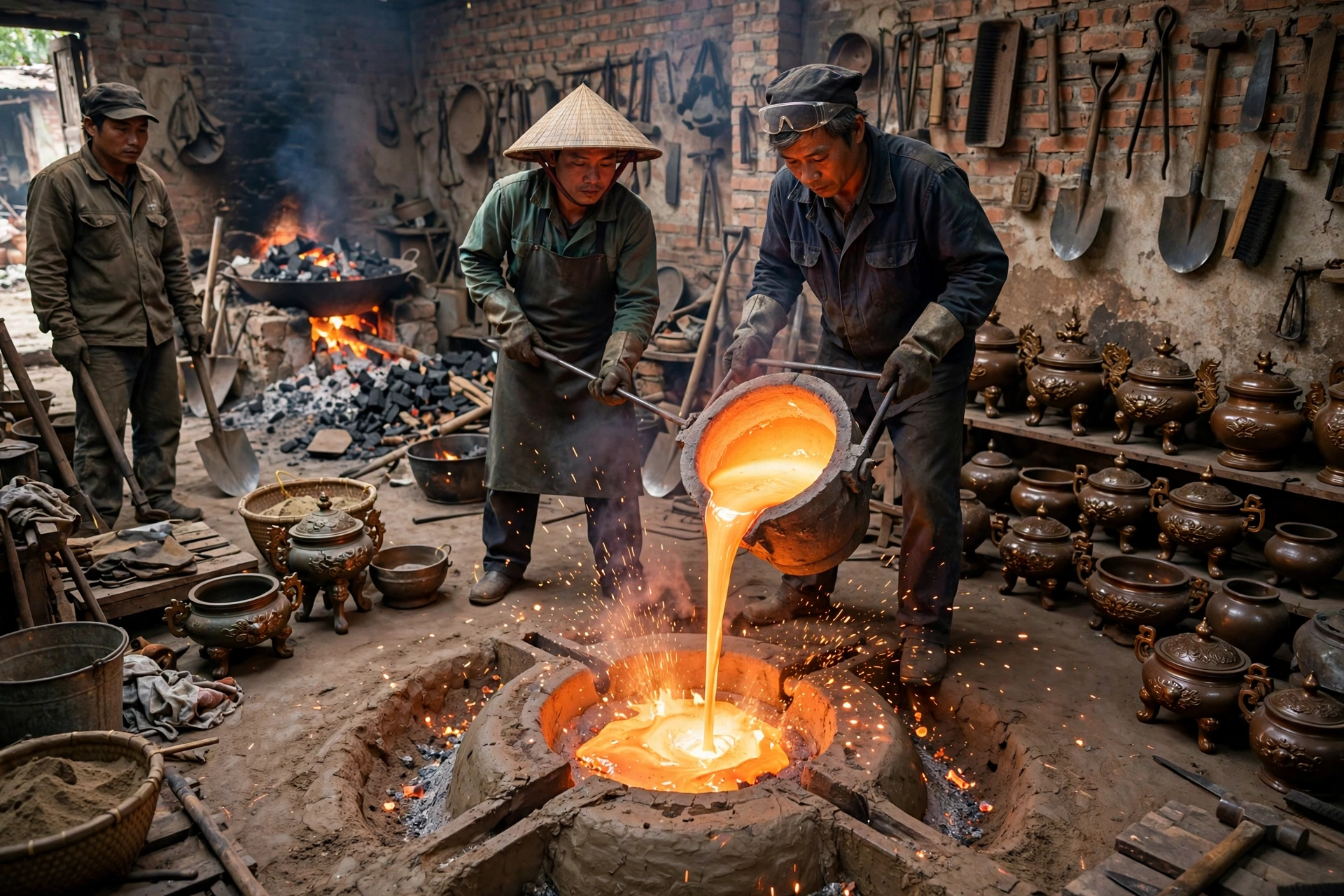 Nghệ nhân hun màu giả cổ cho đỉnh đồng hun giả cổ tại xưởng Nam Định