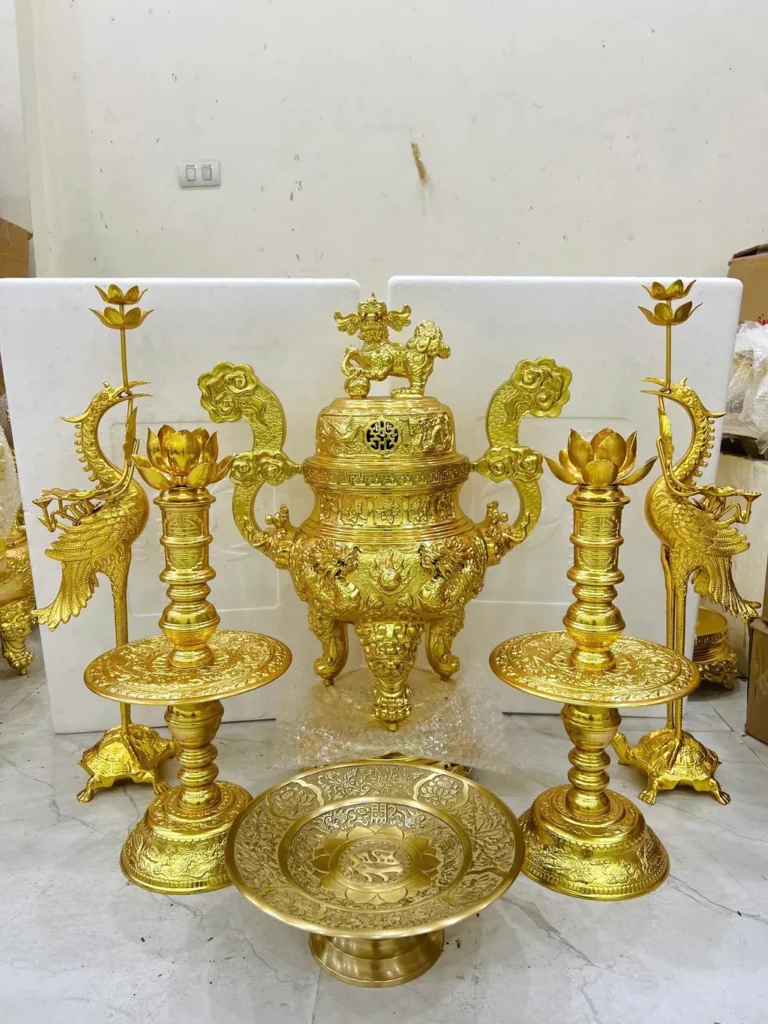 Bộ Đỉnh Đồng Ngũ Sự Tứ Linh Dát Vàng